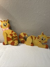 Vintage Hand-Painted Wooden Set Of Two Tabby Cat Hanging Key Holder 11.75Hx7H picture