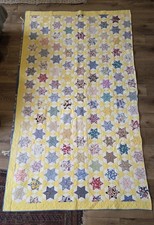Vintage 1950s 1960s Scrap Star Quilt Rare Hand Sewn Handmade 6 Point Yellow picture