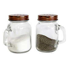4 oz Glass Salt Pepper Shaker Set Mason Jar Style Handles Metal Lids 2 Piece picture