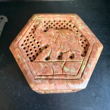 Vintage Hand Carved Soapstone Elephant Trinket Box Hexagon Pink Lattice Lid picture