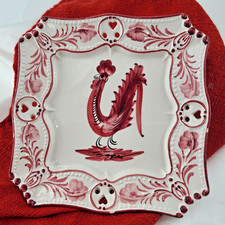 Rooster Ceramic Plate Red Cream Folk Art Pierced Heart Border Hand Painted VGC picture