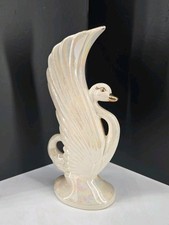 Mid Century Iridescent Pearlized Gold Trim Ceramic Swan Bud Vase Signed 8 Inch picture