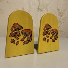 Vintage Groovy Counterpoint 1970’s Rare Yellow Wooden Metal Mushroom Bookends picture