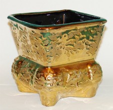 Vtg Weeping Gold Ceramic Planter 4 ½” x 4 ½” x 4 ½” Heavy Square picture