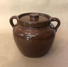 Vintage Brown Glaze 2 QT 2 Handle Stoneware Bean Pot W/ Lid Crock picture