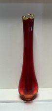 Vintage Red (Amberina) Art Glass Ribbed Swung Fingered Bud Vase 8” Tall picture