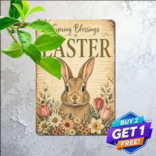 Happy Easter Bunny Metal Wall Decor Sign Festive Spring Holiday Tin Plaque picture