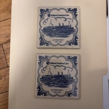 Holland America Line Blue Delft Tile Vintage ss Volendam 1  1922 -1952 set of 2  picture