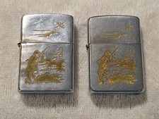 Vintage LOT OF TWO Zippo Lighters Hunter With Dog Scene Pat 2517191 Rare picture