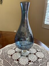 Vtg Iridescent Blue Floral Etched Footed Vase Perfect 12.5” Tall picture