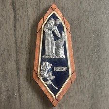 Vintage Peltro Italy St Francis of Assisi Pewter Wood Velvet Wall Plaque 9