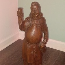 vintage hand-carved wooden figurine of a drinking monk.  20in Tall  7lb.4oz picture