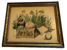 Vtg MARV-ART 1974 Framed Engraved Resin Plate Signed Girl Apple Cart Yorkie Dog picture