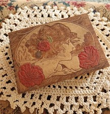 Art Nouveau Hinged WOODEN BOX  Wood Pyrography Lovely Lady Painted Poppies NICE picture