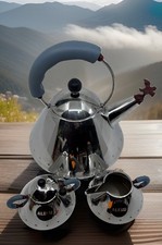 Alessi Michael Graves Tea Kettle Creamer Sugar Bowl Set Blue Handle W/Bird ITALY picture