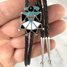Vintage Western Zuni Bird Native American Turquoise Sterling Silver Bolo Tie picture