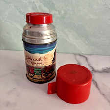 Vintage 1950s CHUCK WAGON Thermos with Cup Aladdin Original Retro Kids Lunch Fun picture