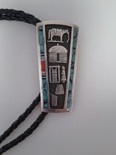 Richard Begay Vintage Native American Bolo Inlay & Overlay Silver Turqoise Coral picture