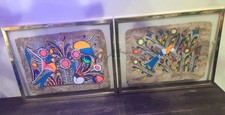 VTG Amate Bark Painting Mexico Folk Art Black Light X 2 Hidden Birds Painting picture