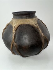 Vintage Tarahumara Clay Pot, Handcrafted Brown Ceramic Pottery, Rawhide Wrap picture