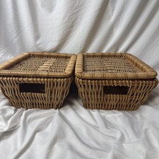 2 VTG Wicker Baskets Lids Boho Storage Bins Rattan Handles Farmhouse MCM Pantry picture