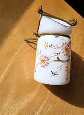 Antique French White Opaline Glass Hand Painted Floral Ormolu Brass Wire Basket picture