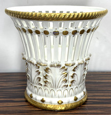 Vintage MOTTAHEDEH Italy Reticulated White & Gold Porcelain Cachepot picture