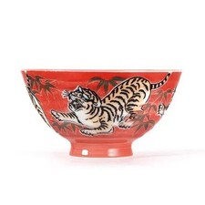 Mino ware Japanese Ceramics Rice Bowl Roaring Tiger Red, Made In Japan picture