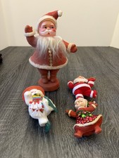 4 Flocked Christmas Vintage Ornaments Waving Dancing Santa Mrs Claus Frosty picture