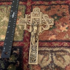 Metal Filigree IHS Cross Crucifix with Antique Gold Tone Finish 9