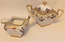 Antique NIPPON Hand Painted Art Deco Style Gilded Sugar Bowl with Lid Creamer picture
