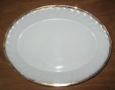 Vintage Anchor Hocking Fire King White Milk Glass Swirl Gold Trim Platter 12