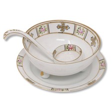 Rising Sun Nippon Soup Bowl Spoon Liner Plate HP Gold Pink Roses Japan 1911-21 picture