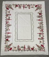 Vintage MCM Tablecloth Red Green Farmhouse Utensils Floral Print Cotton 63x50” picture