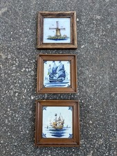 Vintage Dutch Delft Style Framed Ceramic Tiles Set of 3 Ships Windmill picture