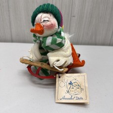 1990 Adorable Annalee Duck on Wood & Metal Sled ~ Scarf & Knit Hat picture