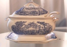 Vintage Trimont Ware Blue White Castle Soup Tureen 4pc Set Platter/ Lid &Ladle picture