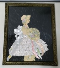 Vtg 1930s Art Deco Ribbon Paper Doll Silhouette Frame Silk Lace Dress Art Piece picture