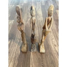 Vintage Hand Carved African Tribal Wood Statues Set of 3 Folk Art Sculptures picture