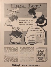 1935 Kelloggs Rice Krispies Cereal PRINT AD Crackles Cream - Dog Cat Pig VTG 30s picture