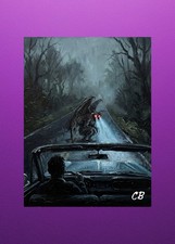 Mothman Highway Encounter ACEO | Cryptid Folk Art | Red Eye Night Road picture