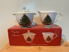 Vintage 1980’s Crystala Christmas Porcelain Teapot Creamer & Sugar Bowl picture