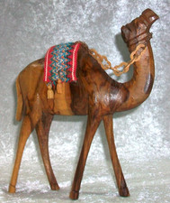 Vintage Hand Carved Olive Wood Standing Camel Figurine Chains Tassels Blanket picture