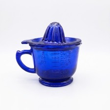 Vintage '30s Hazel Atlas Cobalt Blue Measuring Mixing Cup & Citrus Juicer Reamer picture