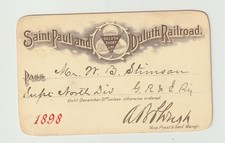 1898 Saint Paul & Duluth Railroad Annual Pass picture