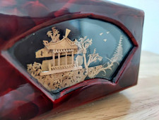 Vintage Chinese Red Lacquer Trinket Jewelry Box Cork Pagoda Scene Brass Latch picture