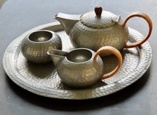 Rare Antique 1920s Malayan T.S & Co Perak Hand Hammered Pewter 4-Pc Tea Set picture