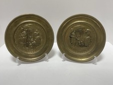 Vintage Elpec Embossed Brass Wall Plate Set Made In England Village Scene MCM 8” picture