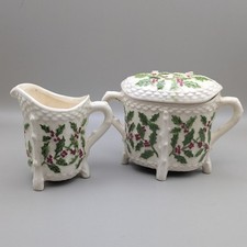 Vintage H.M. Martin 1952 Hand Painted Holly Berry Creamer and Sugar Set As Is picture