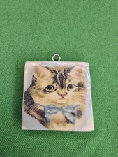 Signed C. Clair Ceramic Cat Pendant Kitten Blue Bow Artisan Studio Pottery picture